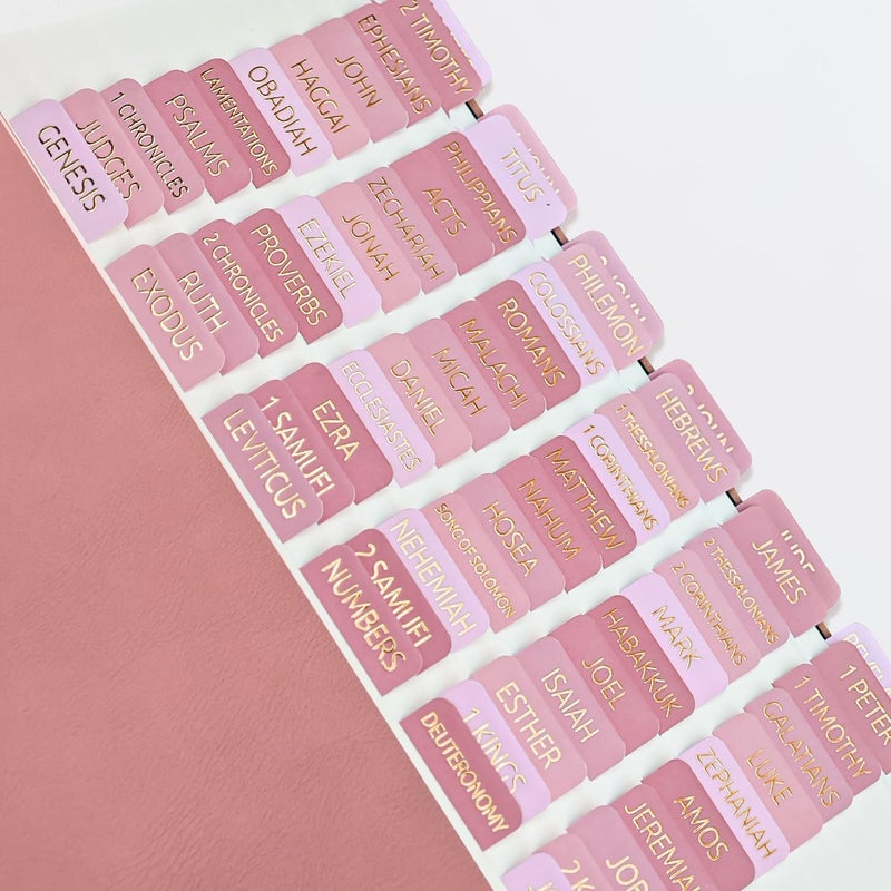 Uzriyl Laminated Bible Tabs, Bible Study Supplies, Large Print Bible Book Tabs for Women and Men, (Gold Foil Embossed Lettering) Bible Labels Index Tabs, Bible Accessories for Easy Navigation(Pastel Pink) - Image 1